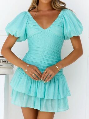Hello Molly Aqua Puff-Sleeve Tiered Mini Dress